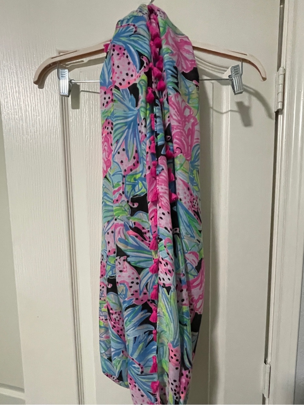 Lilly Pulitzer Tropical Print Infinity Scarf Pink Tassel Pom Trim Animal Print - Picture 3 of 5